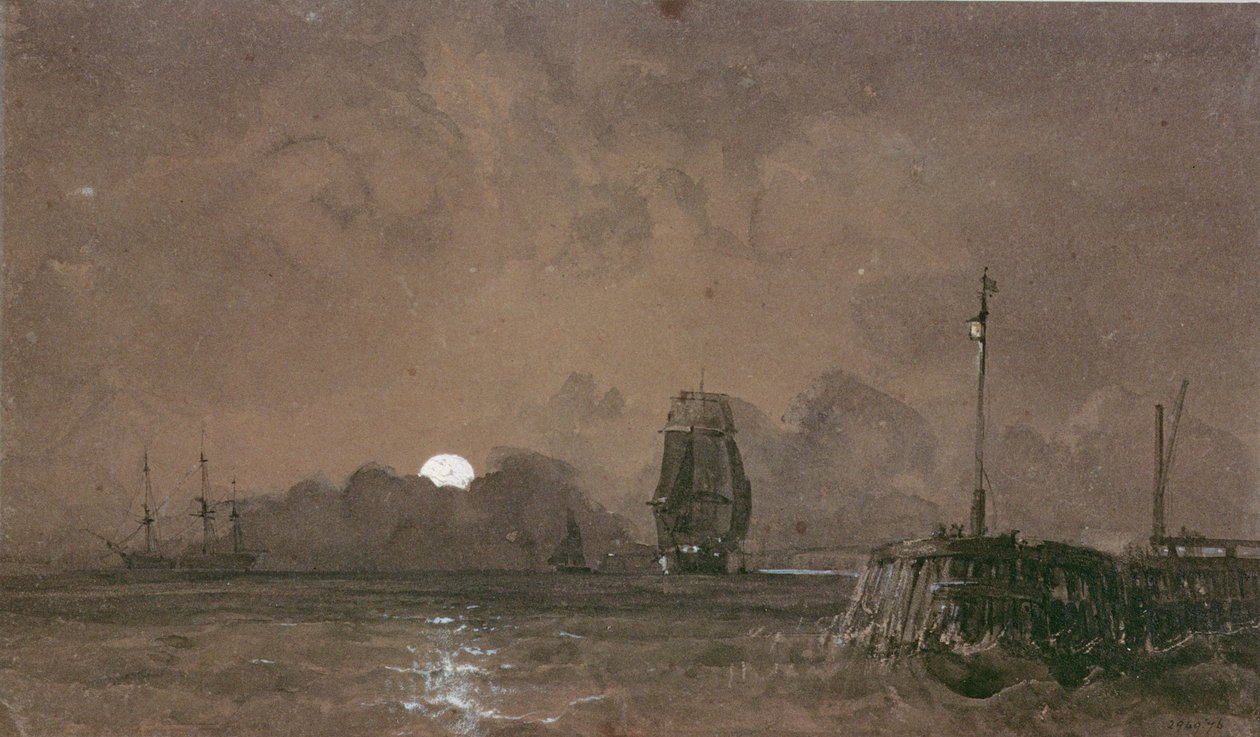 Sunderland Harbour: Moonlight, 1800-tallet av George the Elder Chambers