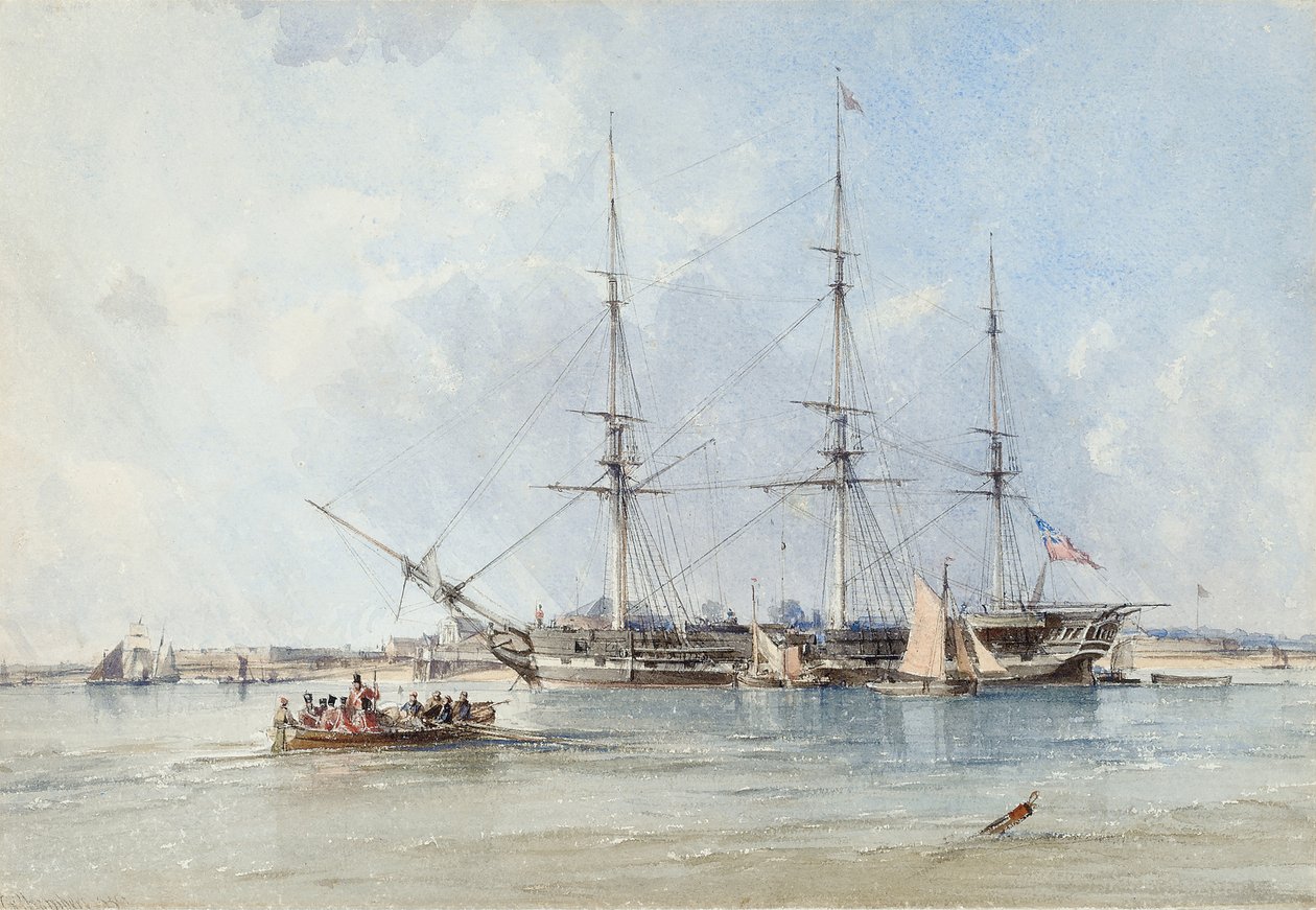 Blackwall-fregatten Seringapatam for anker utenfor Tilbury Fort av George the Elder Chambers