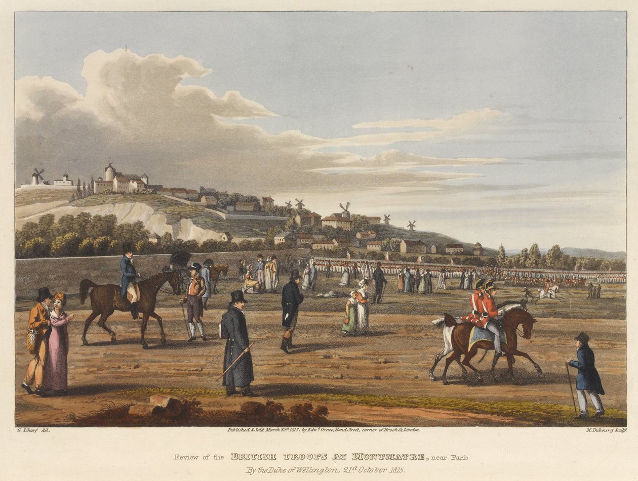 Gjennomgang av de britiske troppene ved Montmatre [sic], nær Paris, av hertugen av Wellington, 21. oktober 1815, gravert av M. Dubourg, 1819 (farget akvatint) av George the Elder Scharf