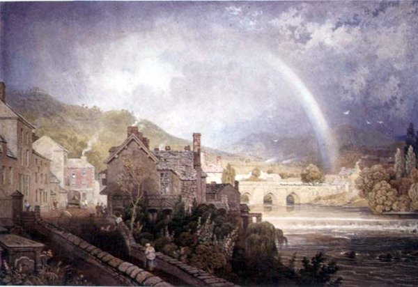 Village and Bridge of Llangollen, North Wales, med regnbueeffekt av George the Younger Barret