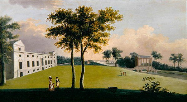Sørfronten til Wilton House og Palladian Bridge of the East, Salisbury (olje på lerret) av George the Younger Cuitt