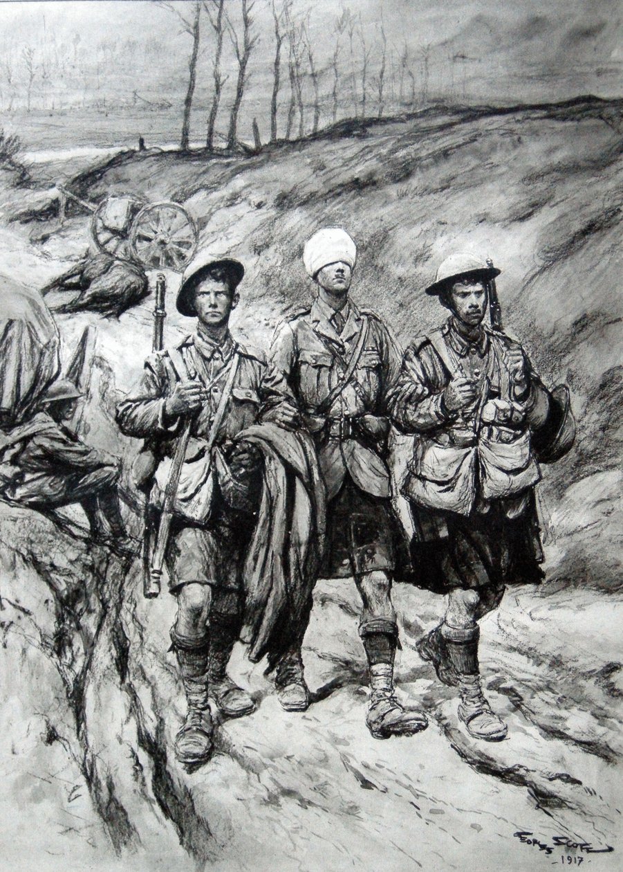 Skotske soldater hjelper sin sårede offiser, 1917 av Georges Bertin Scott