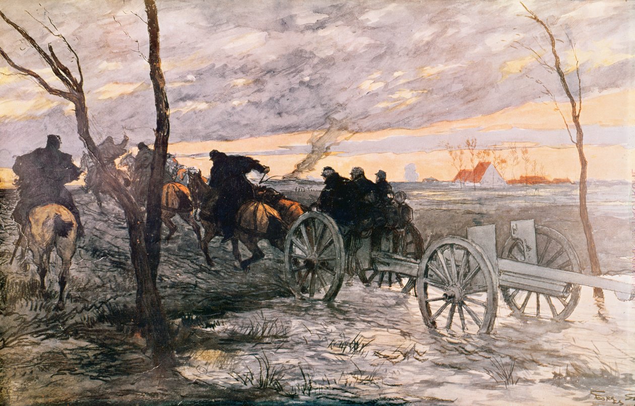 Solnedgang i Yser-dalen: en 75 kanon blir trukket til en strategisk posisjon, ca. 1914 av Georges Bertin Scott
