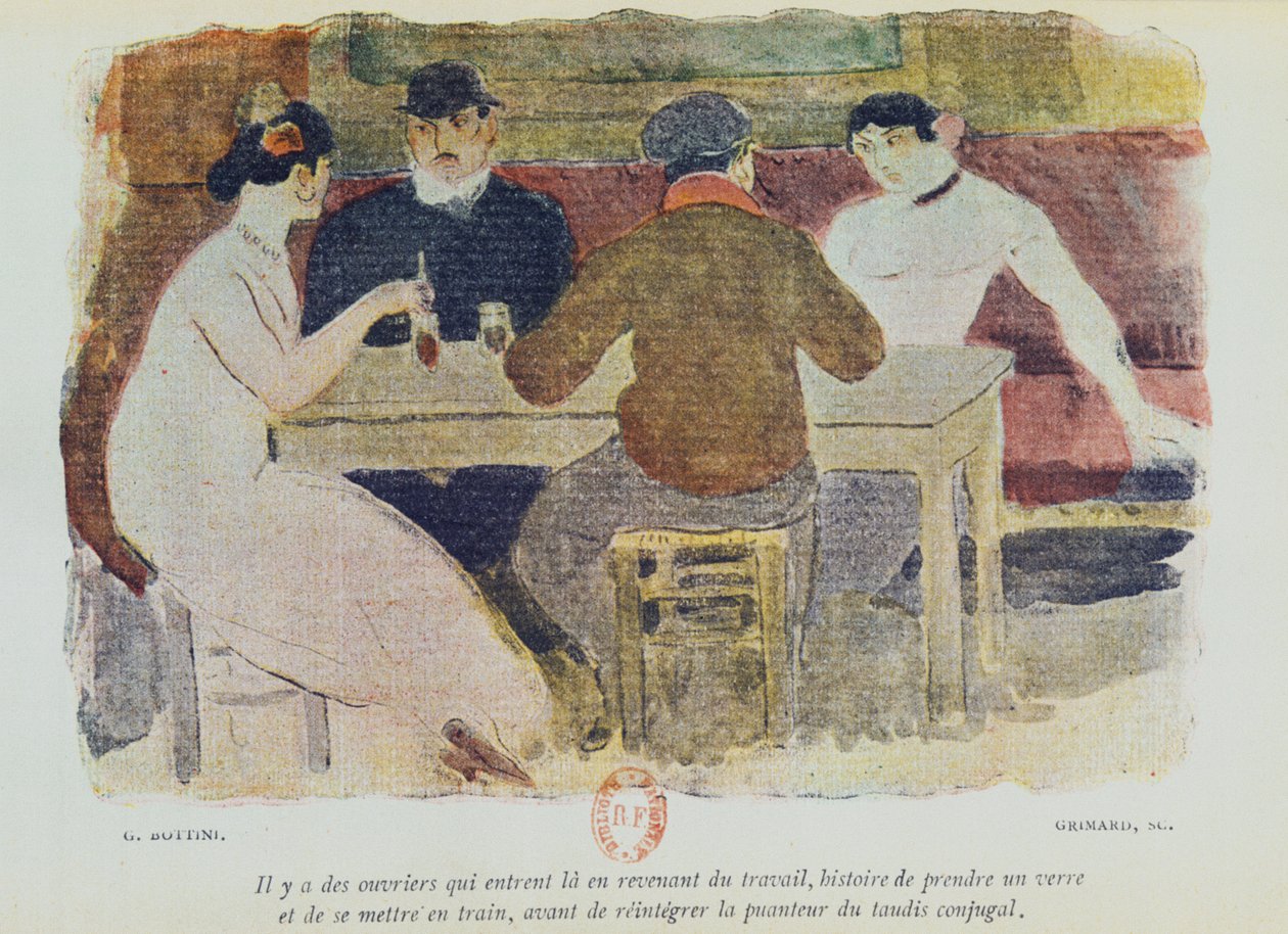 Arbeidere som drikker, illustrasjon fra 'La Maison Philibert' av Jean Lorrain (1855-1906) utgitt i 1904 av Georges Bottini