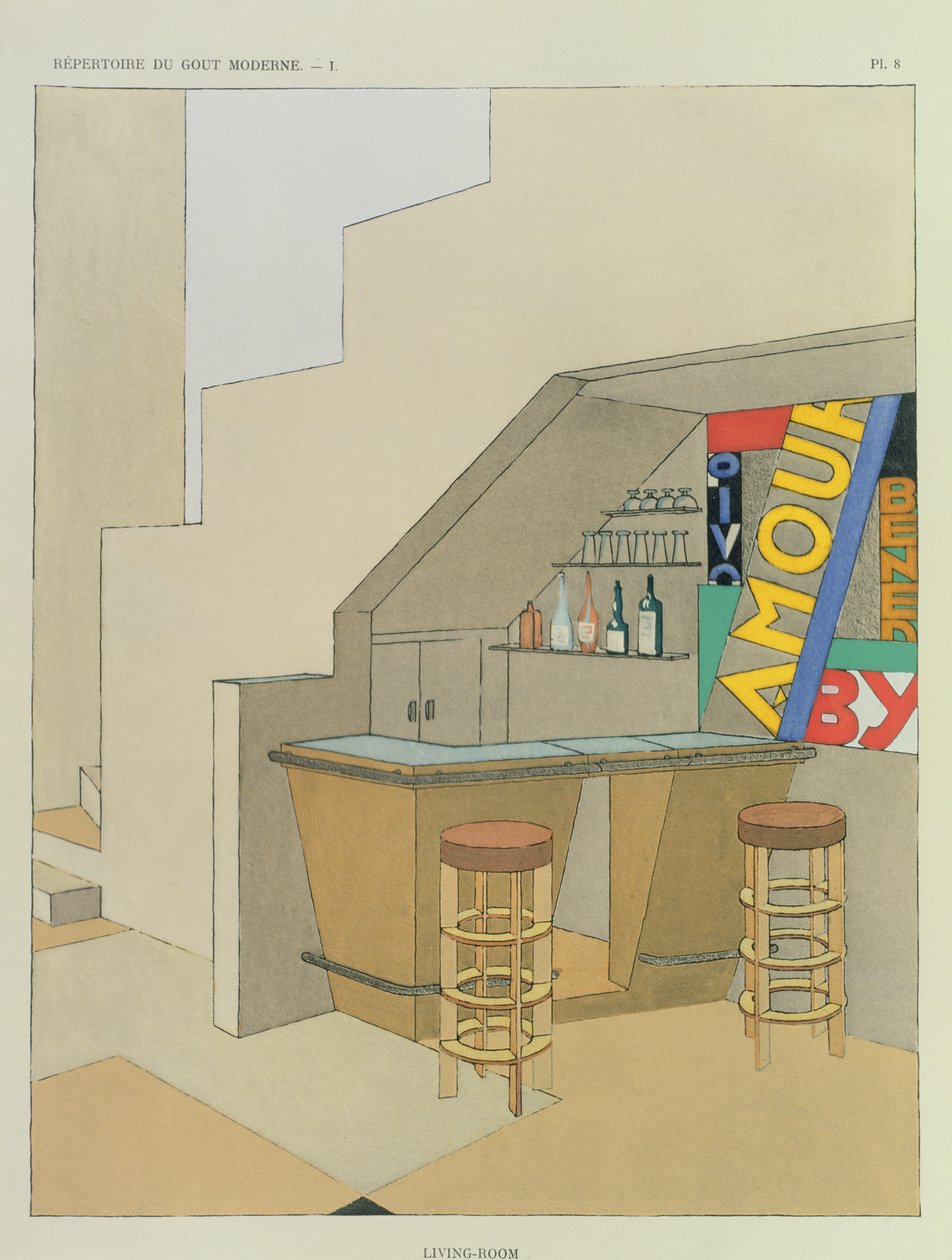 Design for en liten bar, fra en fransk interiørdesignpublikasjon med 200 trykk, ca. 1928-29 (pochoir-trykk) av Georges Djo Bourgeois