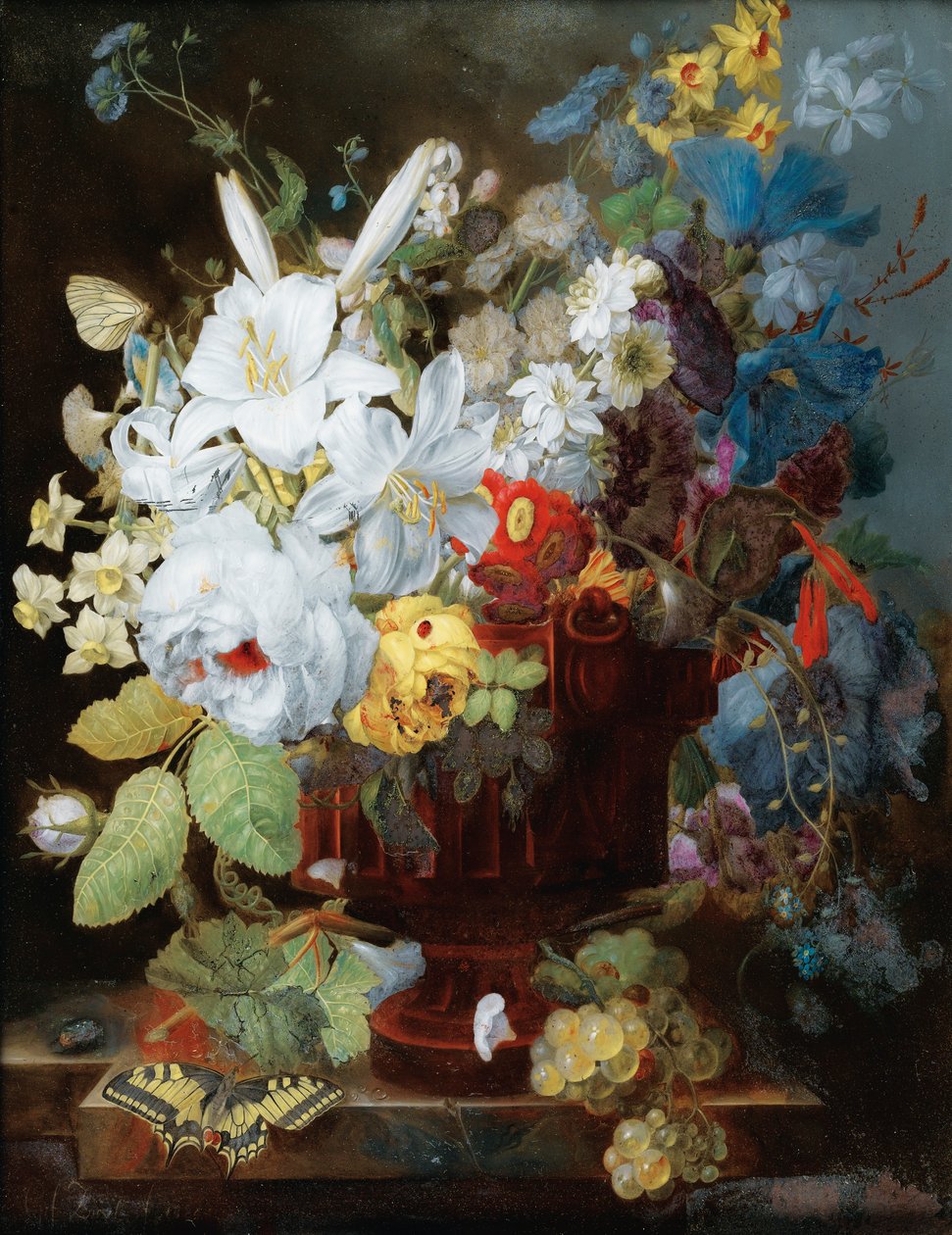 Stilleben med en bukett blomster på en hylle av Georges Frédéric Ziesel