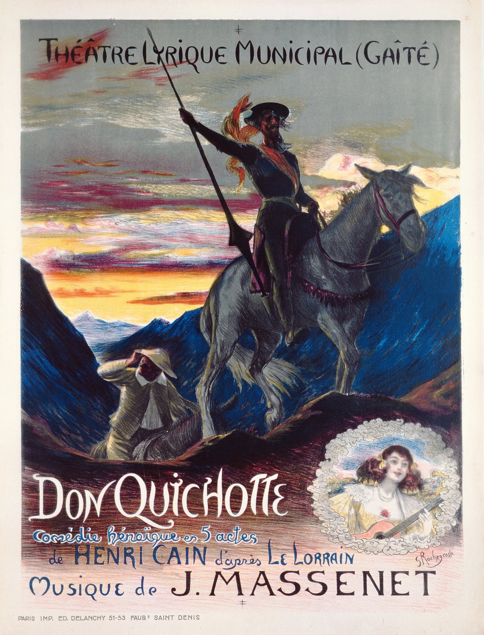 Plakat som reklamerer for den første produksjonen av operaen, Don Quichotte, på yaite-Lyrique Theatre i Monte Carlo, 19. februar 1910 av Georges Marie Rochegrosse