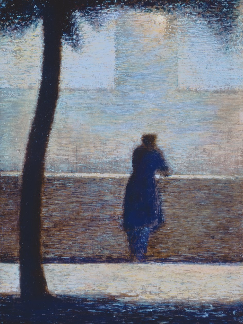 Mann lener seg på en brystning (olje på papp) av Georges Seurat