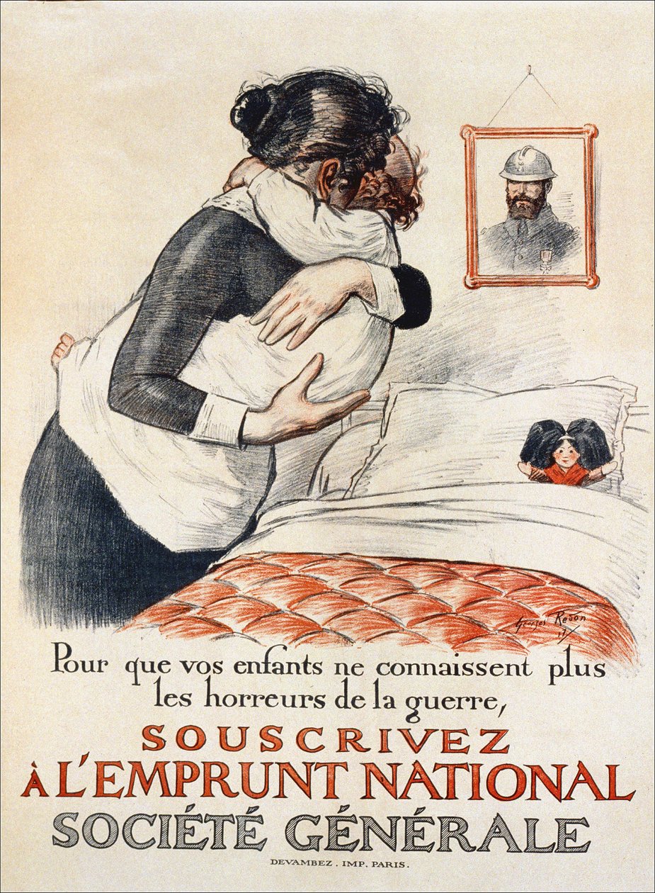For å forhindre at barna dine opplever krigens gru, abonner på Societe Generale nasjonale lån - plakat, 1917 av Georges Redon