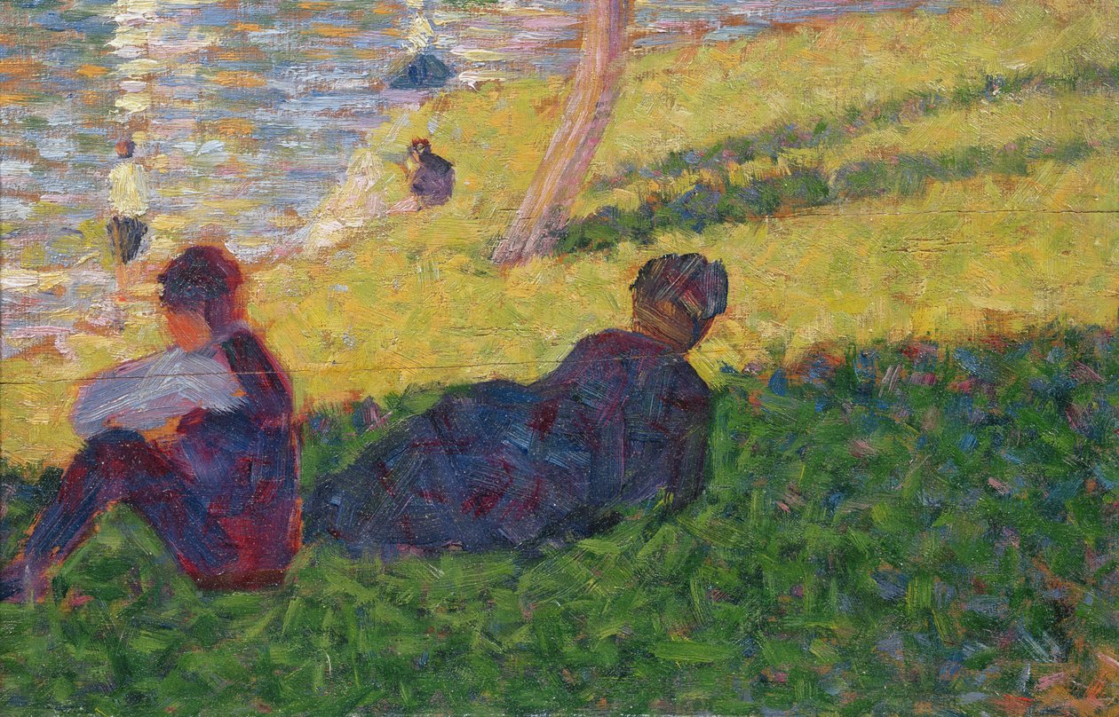 Sittende mann og liggende kvinne, studere for A Sunday Afternoon på øya La Grande Jatte, 1884 av Georges Seurat