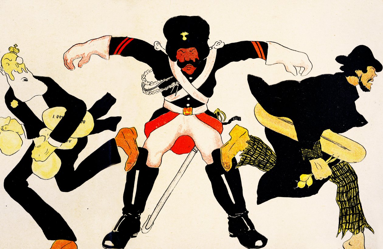 Belgisk offiser prøver å stoppe Leopold II fra å stjele penger og en bonde som stjeler mat, 1904. av Georges d 1878 1937 Ostoya