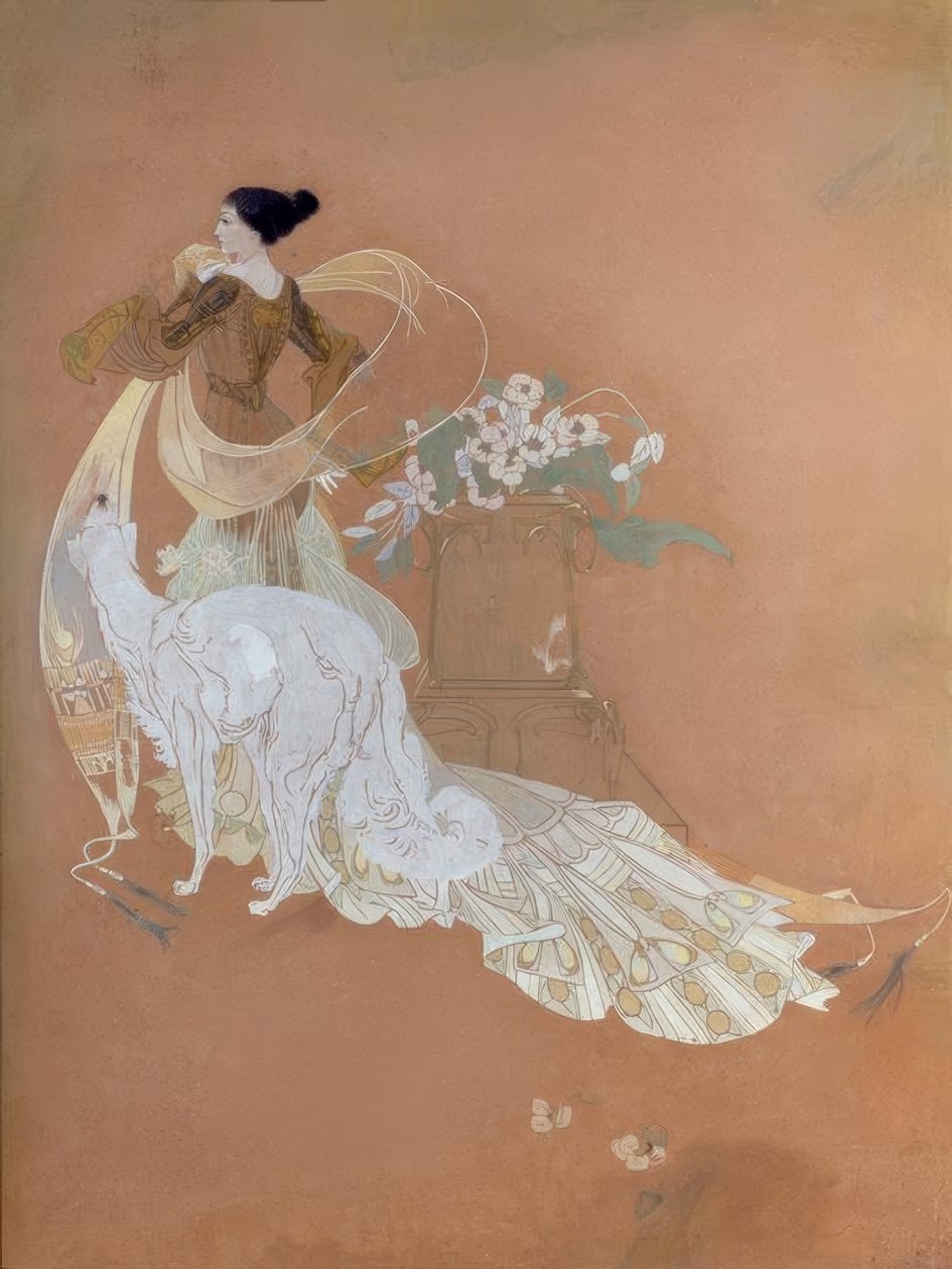 Georges de Feure, Elegante Dame mit Barsoi / Gouache av Georges de Feure