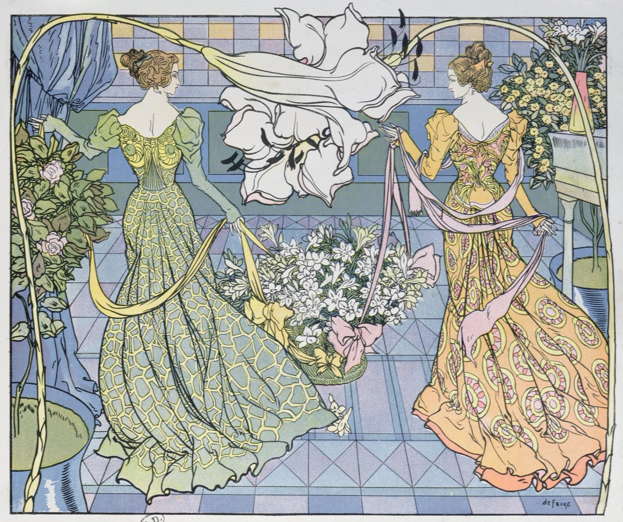 Kvinner omgitt av blomster, ca. 1900 (fargegravering) av Georges de Feure