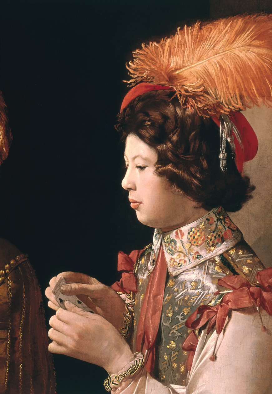 Juksen med diamantens ess, detalj som viser den mannlige kortspilleren med den fjærkledde hatten, ca. 1635-40 (detalj av 90053) av Georges de La Tour