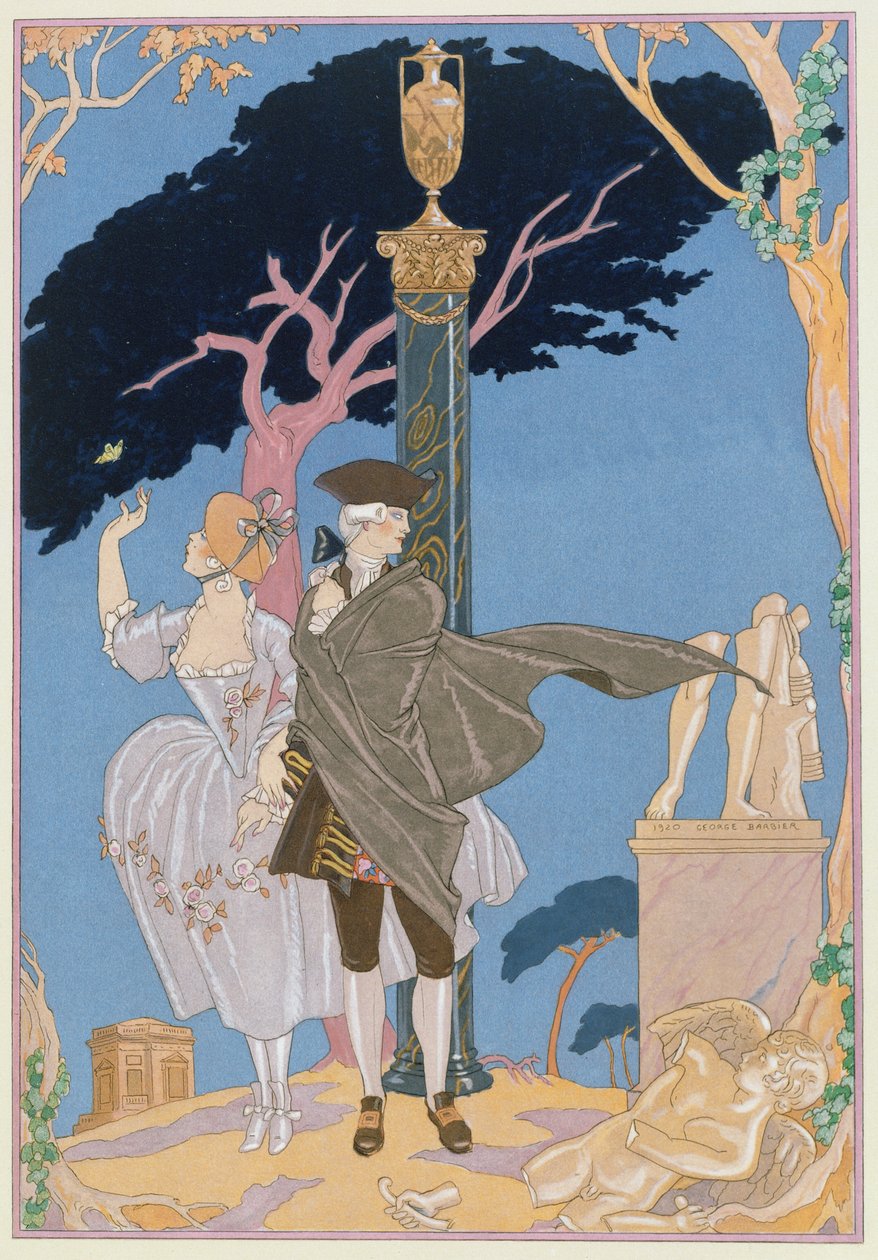 Broken Hearts, Broken Statues, illustrasjon for 'Fetes Galantes' av Paul Verlaine (1844-96) utgitt 1928 (pochoir-trykk) av Georges (after) Barbier
