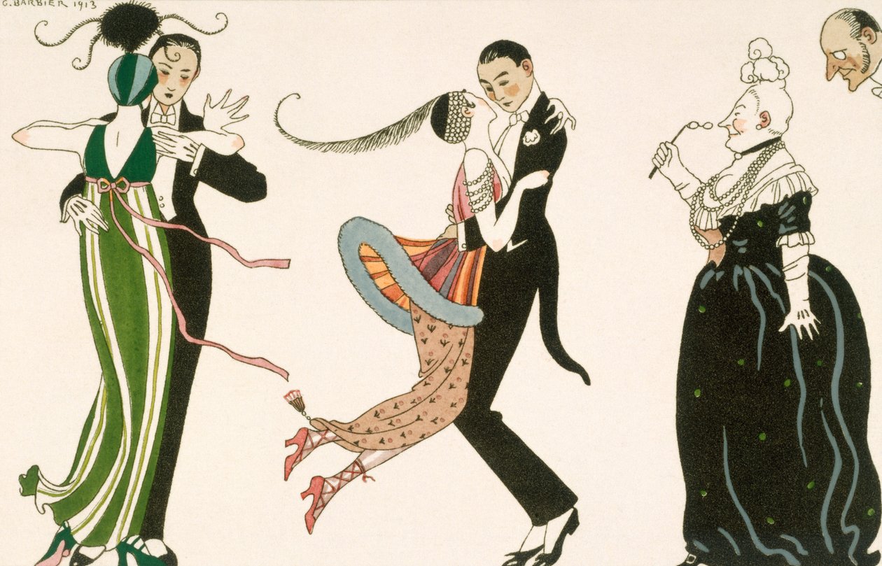 The Madness of the Day, gravert av H. Reidel for Friends of Journal des Dames et des Modes av Georges (after) Barbier
