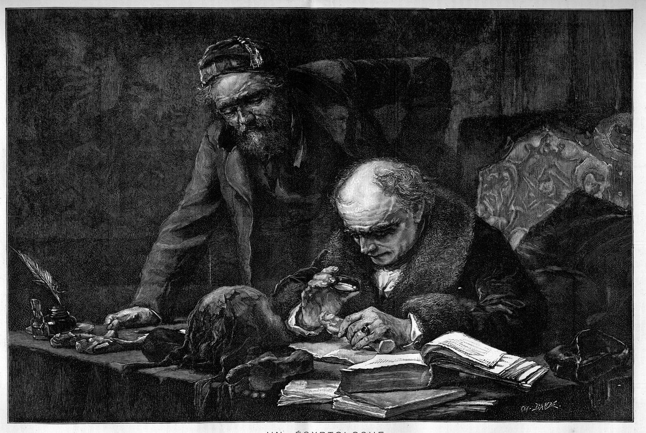 En egyptolog studerer et arkeologisk stykke fra Egypt på kontoret sitt. Gravering av Baude fra et maleri av Moreau de Tours. Gravering i "" Le Monde Illustré"" av Georges (after) Moreau de Tours