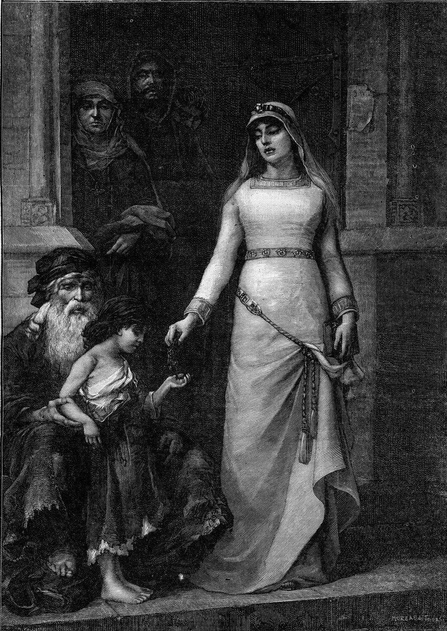 Blanche de Castille, dronning av Frankrike (1188 - 1252), med kallenavnet "De fattiges kjærlighet" (1879). Gravering etter maleriet av Georges Moreau de Tours (1848-1901) i "" The Illustrous World"" nr. 1267 av 9. juli av Georges (after) Moreau de Tours