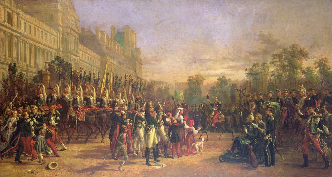 Ankomst til Tuileriene til Napoleon III og troppene hans returnerte fra Italia i august 1859 (olje på lerret) av Georges Achille de Magrath