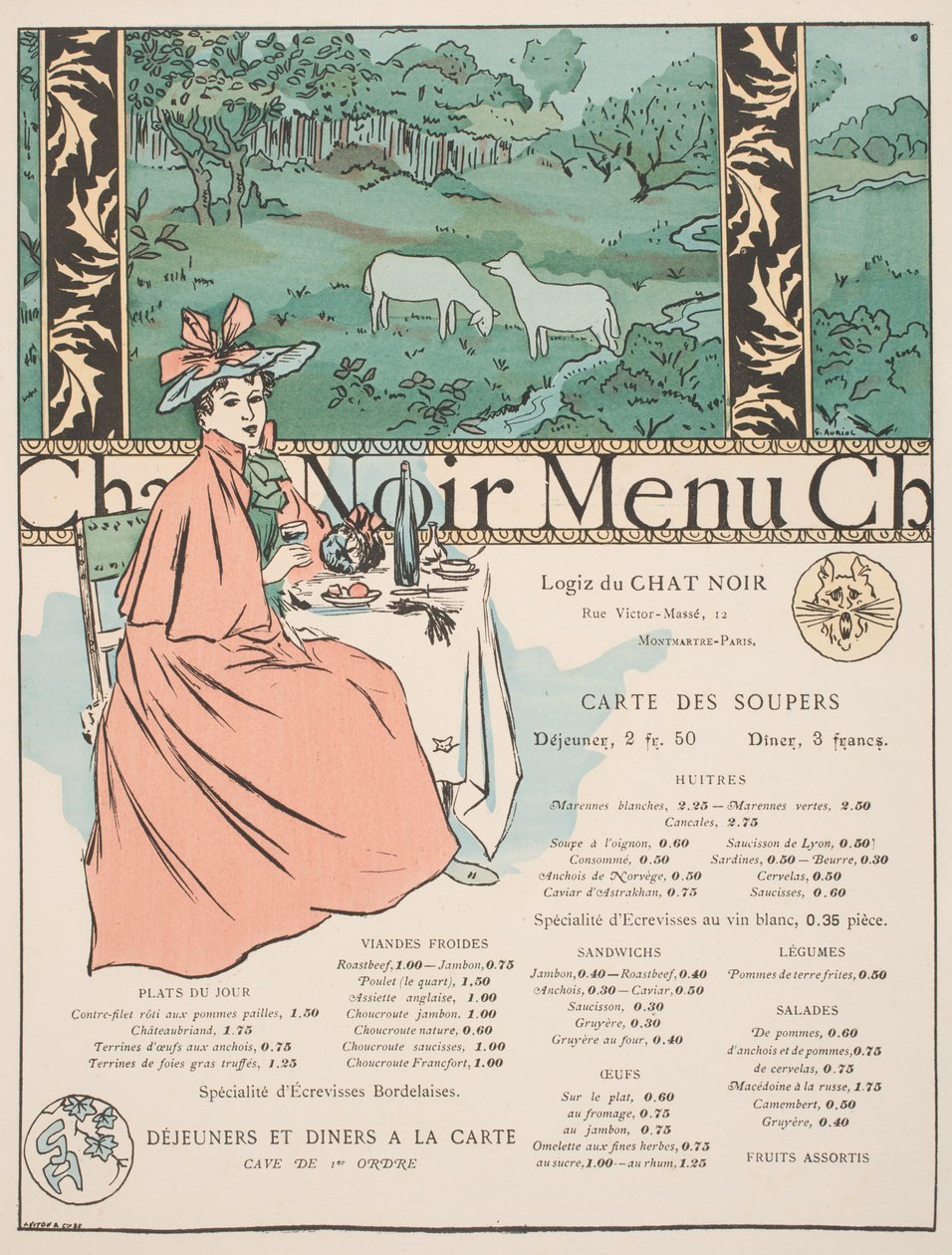 Meny fra Chat Noir (lito- og sjablongtrykk i farger) av Georges Auriol