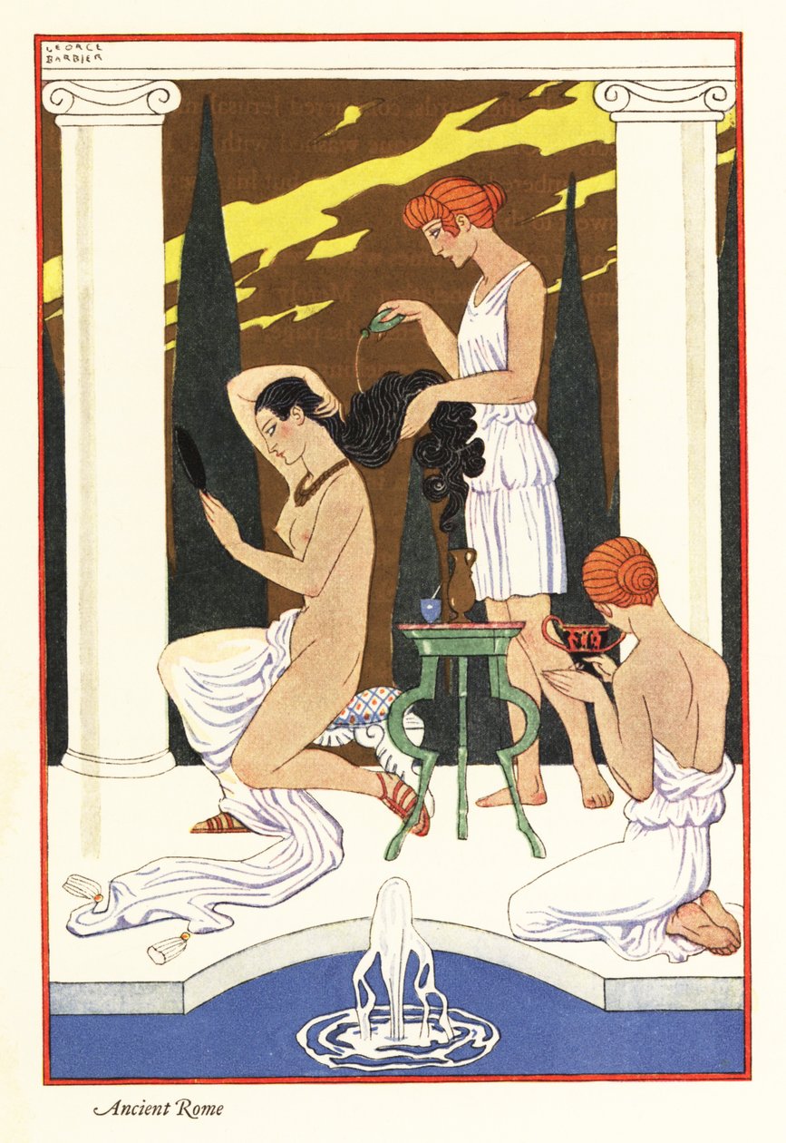 A slave pours scented oil on her mistress