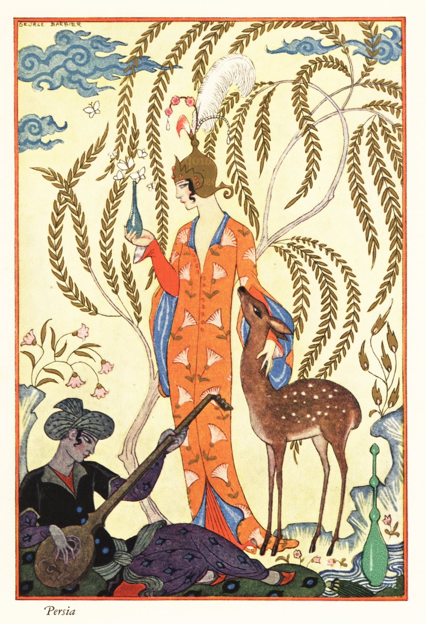 En kvinne holder en parfymeflaske, det gamle Persia av Georges Barbier