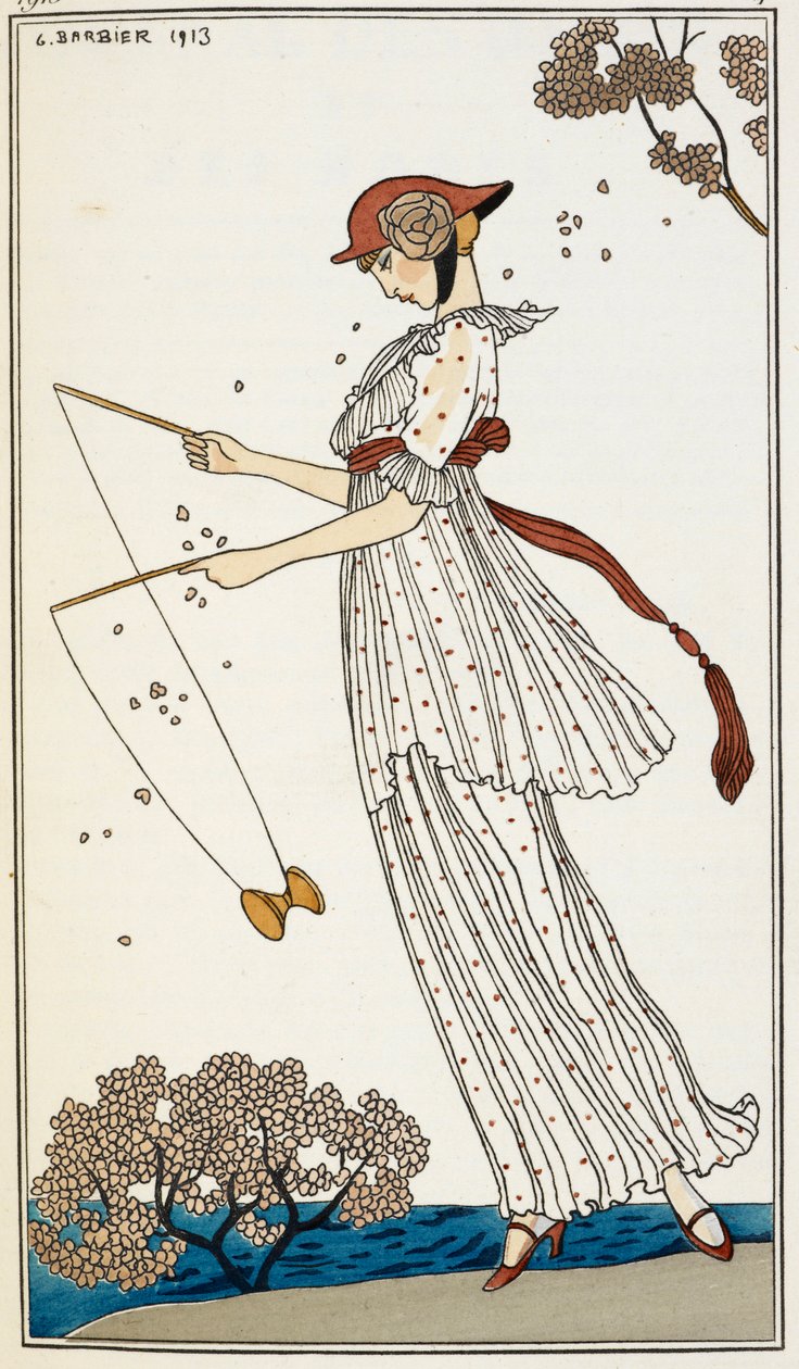 En kvinne iført en trykket hvit linkjole, leker med et leketøy av Georges Barbier
