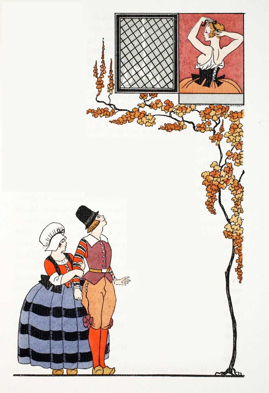 Beundring langveisfra (pochoir-trykk) av Georges Barbier
