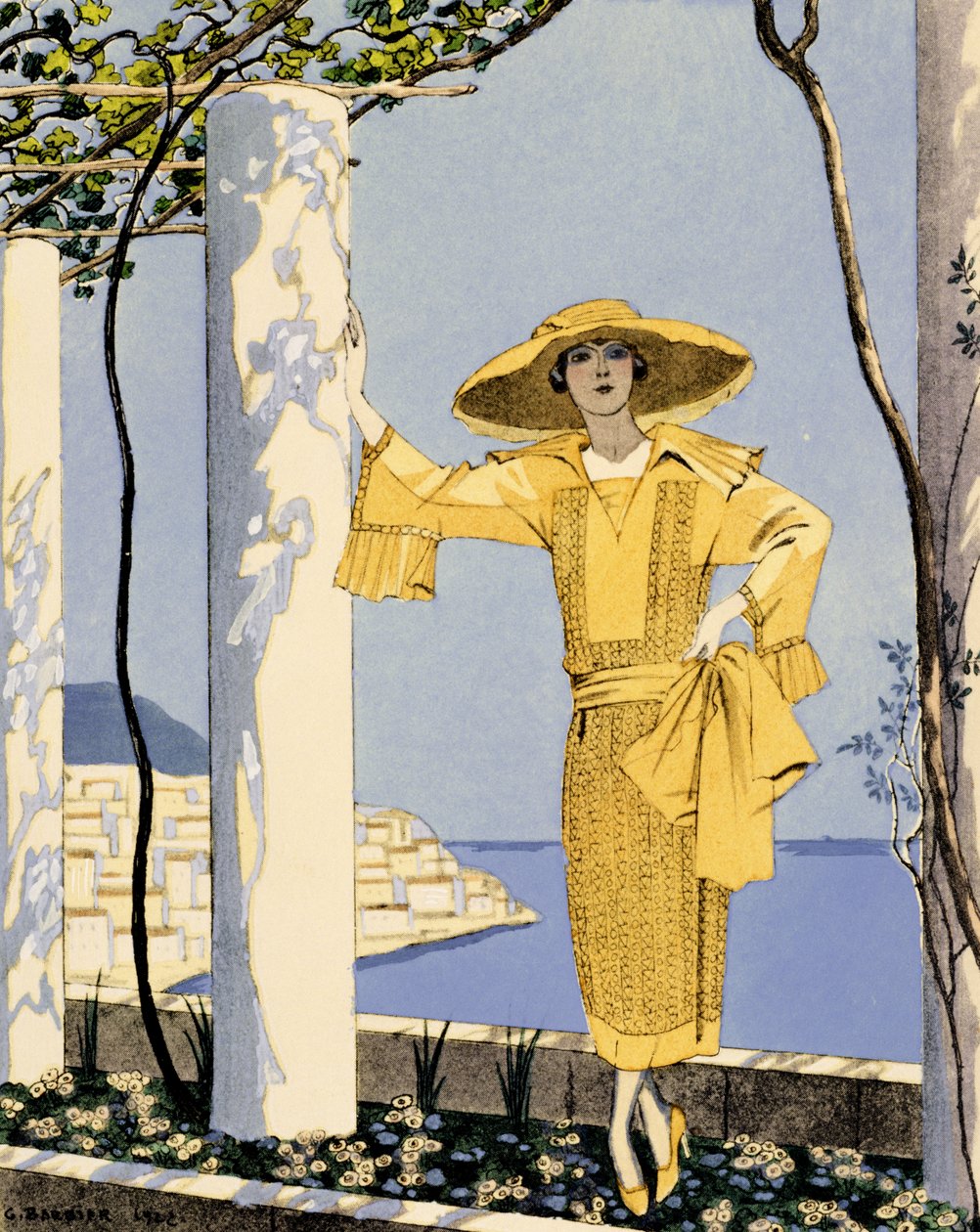 Amalfi, illustrasjon av en kvinne i en gul kjole av Worth av Georges Barbier