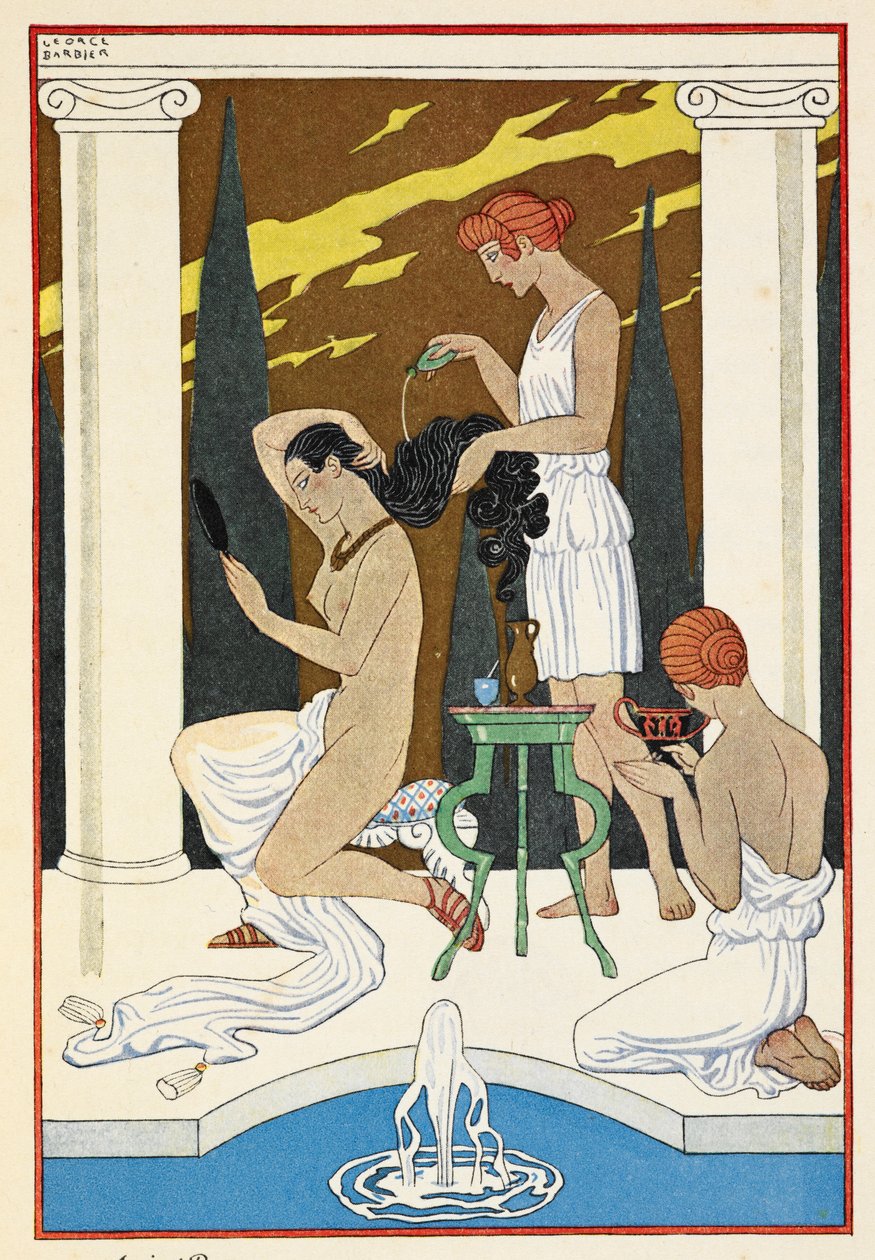 Antikkens Roma. En person som får håret vasket av tjenere. av Georges Barbier