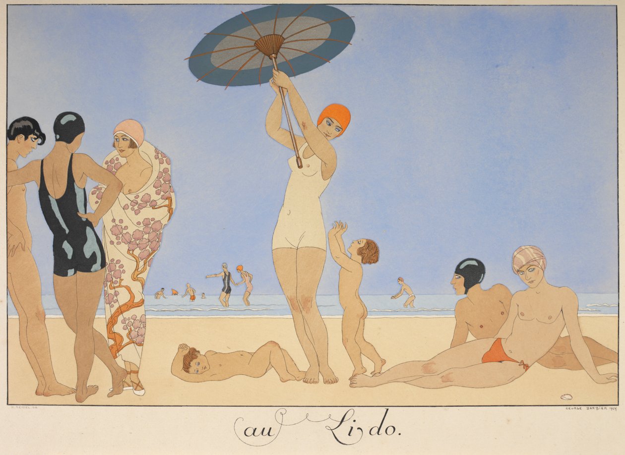 Au lido. Folk på en strand. av Georges Barbier