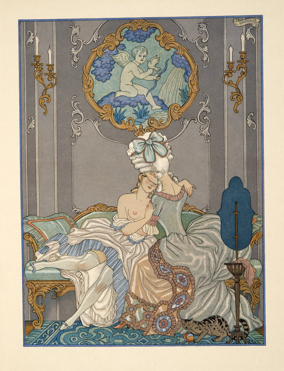 Soveromsscene fra "Les Liaisons Dangereuses" av Pierre Choderlos de Laclos (1741-1803) pub. 1934 (stensiltrykk) av Georges Barbier