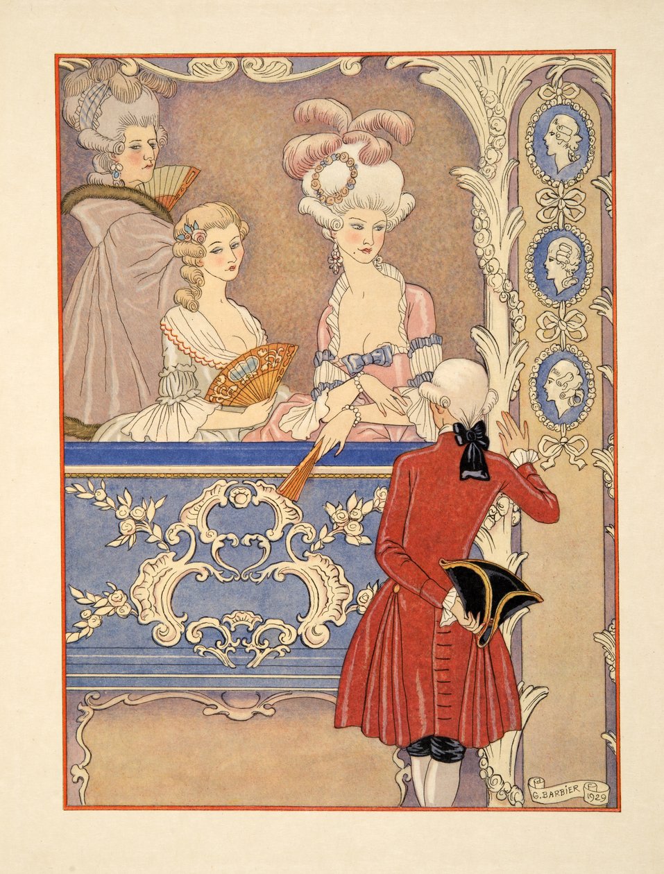 Cécile de Volanges og; Marquise Isabelle de Merteuil ved teatret, illustrasjon fra 'Les Liaisons Dangereuses' av Pierre Choderlos de Laclos (1741-1803) pub. 1934 (stensiltrykk) av Georges Barbier