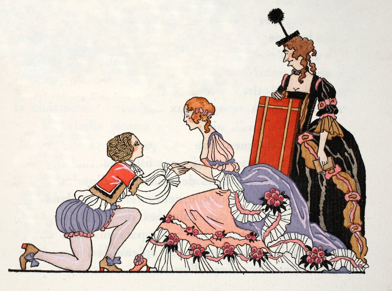 Askepott med Prince Charming, stemoren hennes ser på (pochoir-trykk) av Georges Barbier