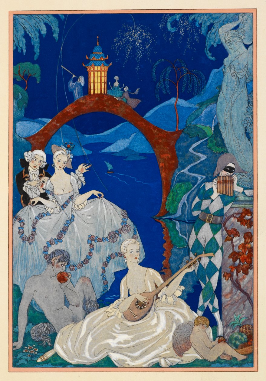 Claire de Lune. A beautiful woman plaing a mandolin. A Faun sitting beside her. A harlequin. All in a landscape.   1407544   no       norwegian Successfully Translated  Original: Solicitor and Client Translat: Solicitor and Client 1293889 no norwegian Succ av Georges Barbier