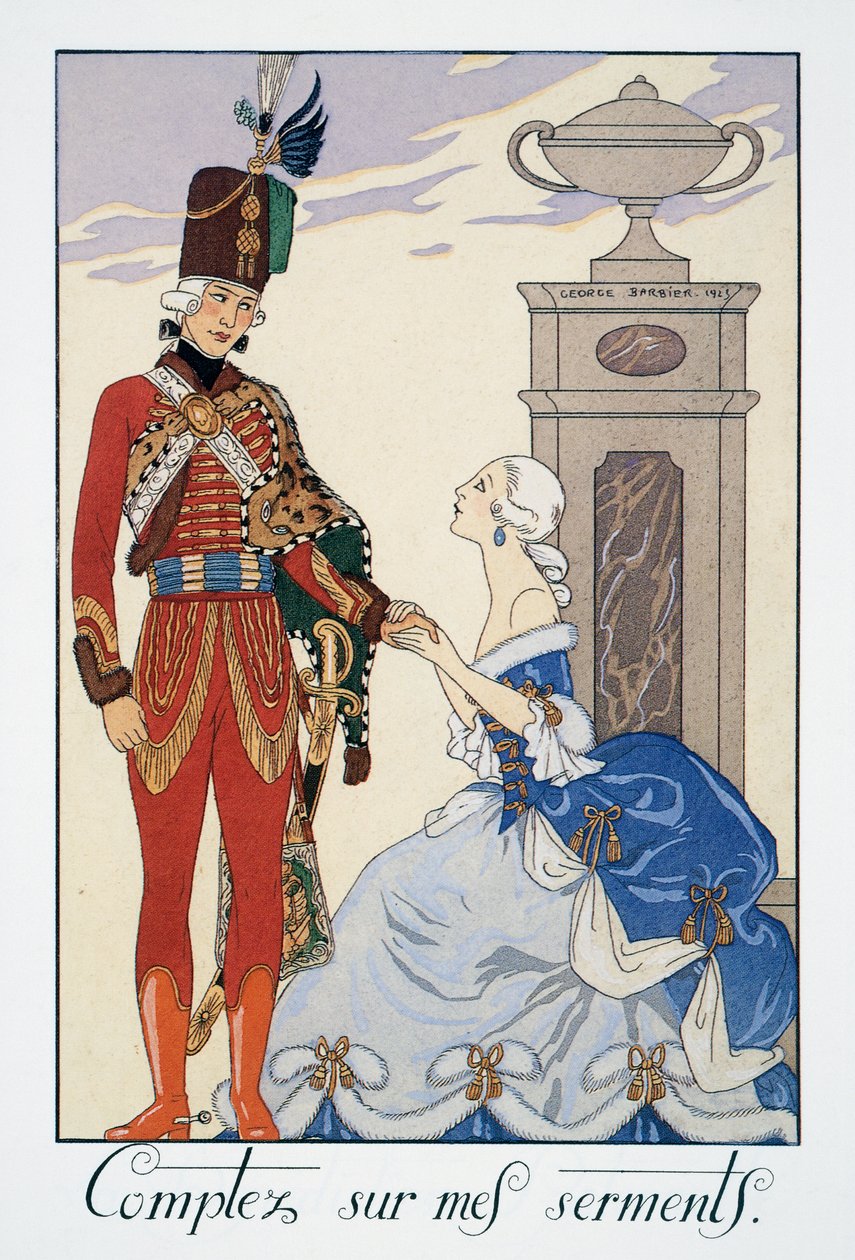Stol på mine eder (jeg skal være deg trofast), ungarsk husar, litografi av George Barbier (1882-1932), fra Falbalas et Fanfreluches, Almanach des Modes Presentes, Passees et Futures av Georges Barbier