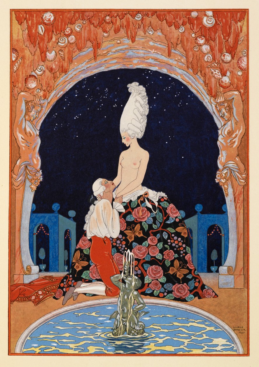 Dans la Grotte. En mann som kneler foran en halvnaken kvinne, ved en fontene. av Georges Barbier