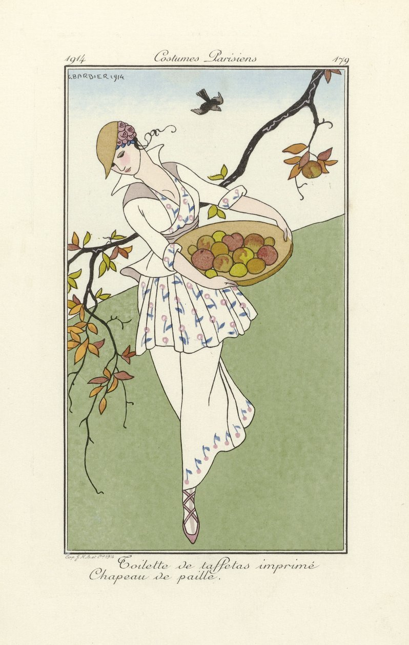 Day Dress fra Costumes Parisiens, pub. 1914 (stensiltrykk) av Georges Barbier