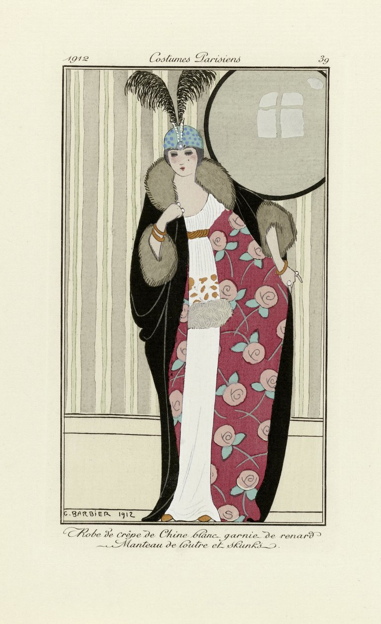 Design for kjole laget av Crepe de Chine og pelsfrakk, fra Costumes Parisien, pub.1912 (pochoir-trykk) av Georges Barbier