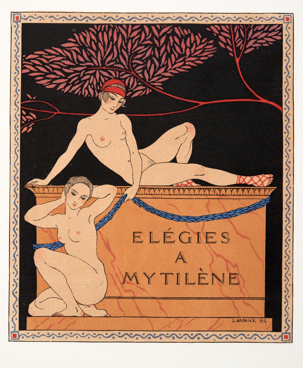 Elegies at Mytilene, illustrasjon fra Les Chansons de Bilitis, av Pierre Louys, pub. 1922 (stensiltrykk) av Georges Barbier