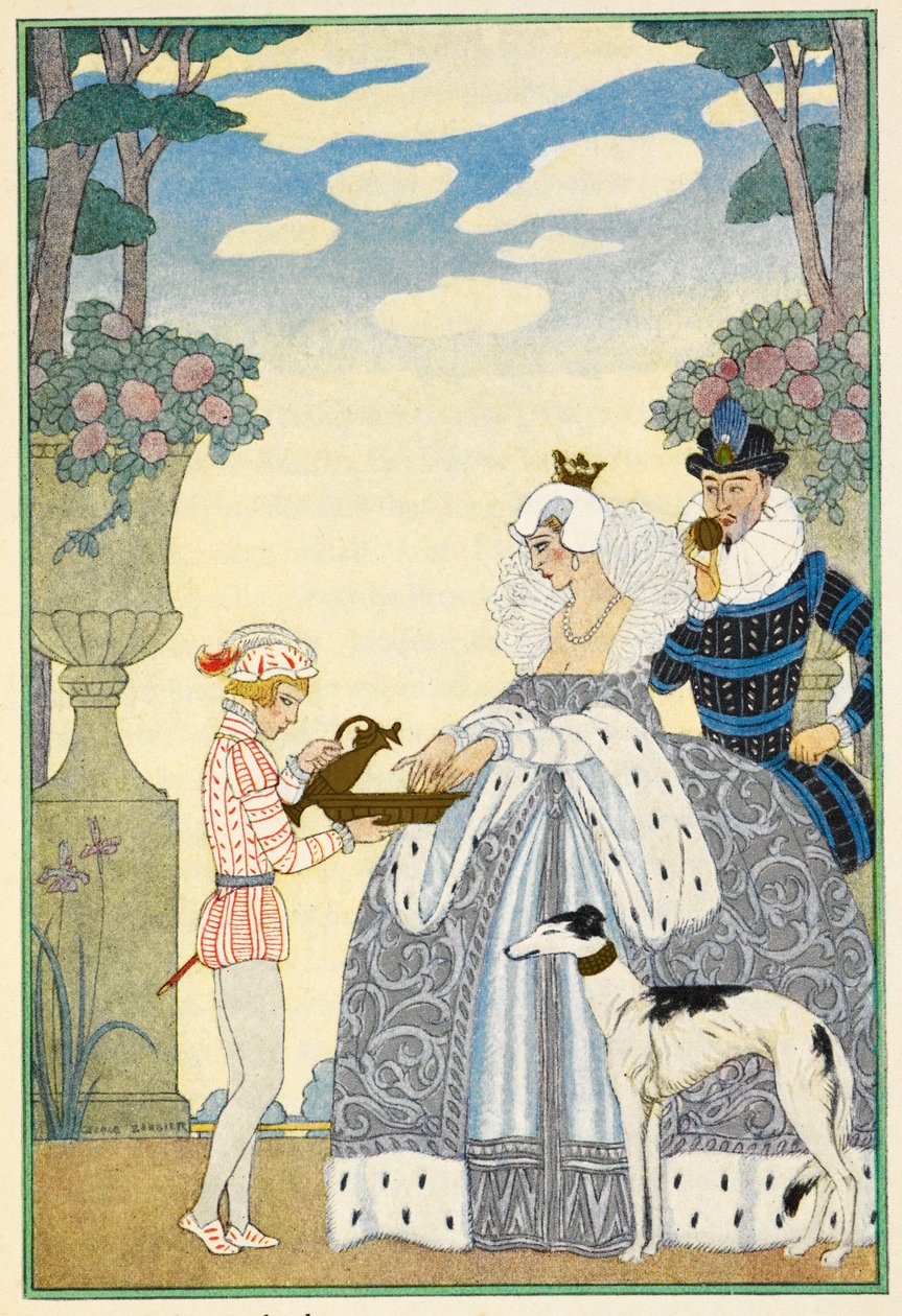 Elizabethanske England. En dame og herre, og tjener. En mynde. av Georges Barbier