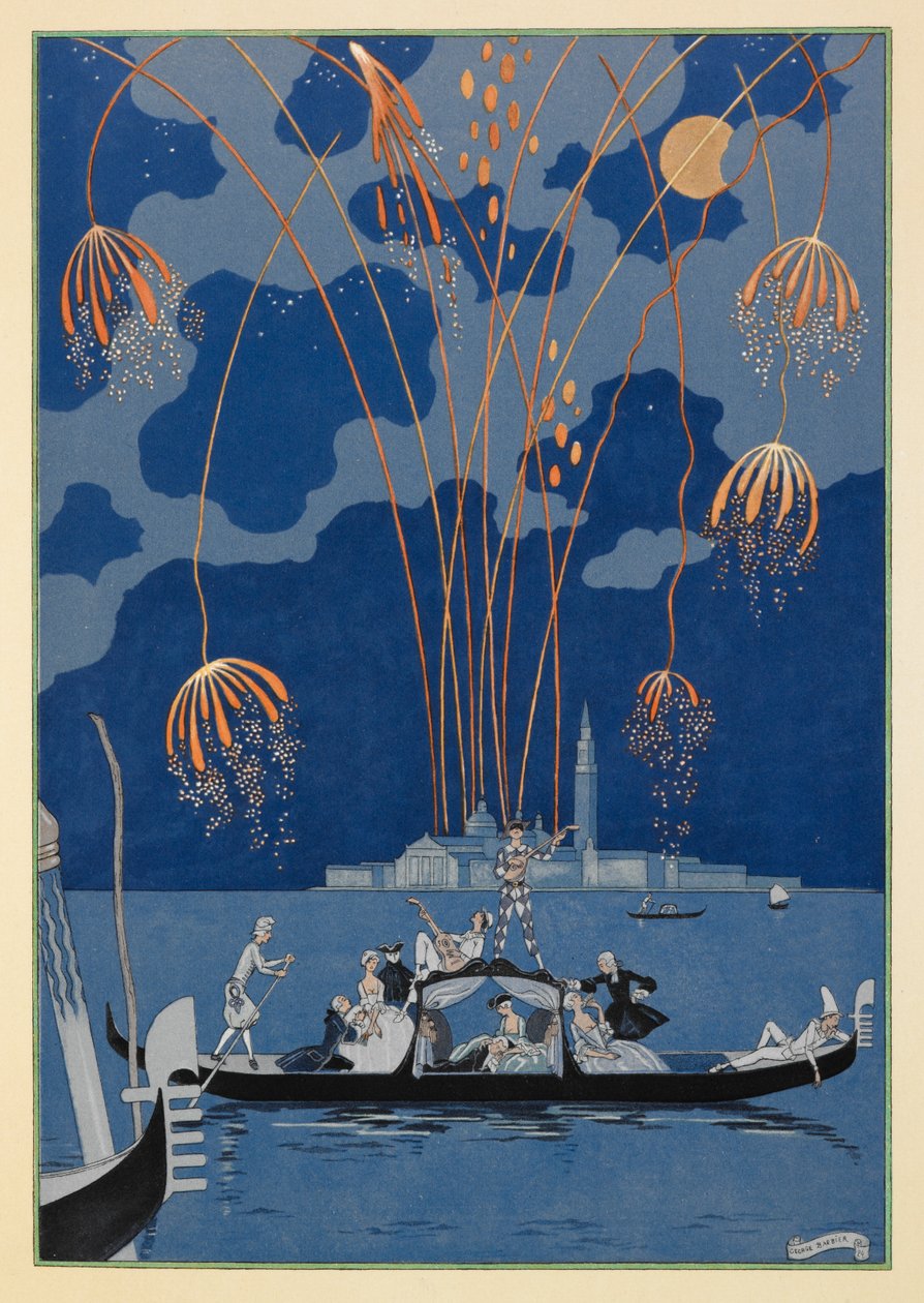 En bateau. Fyrverkeri i Venezia. Folk i en gondol. av Georges Barbier