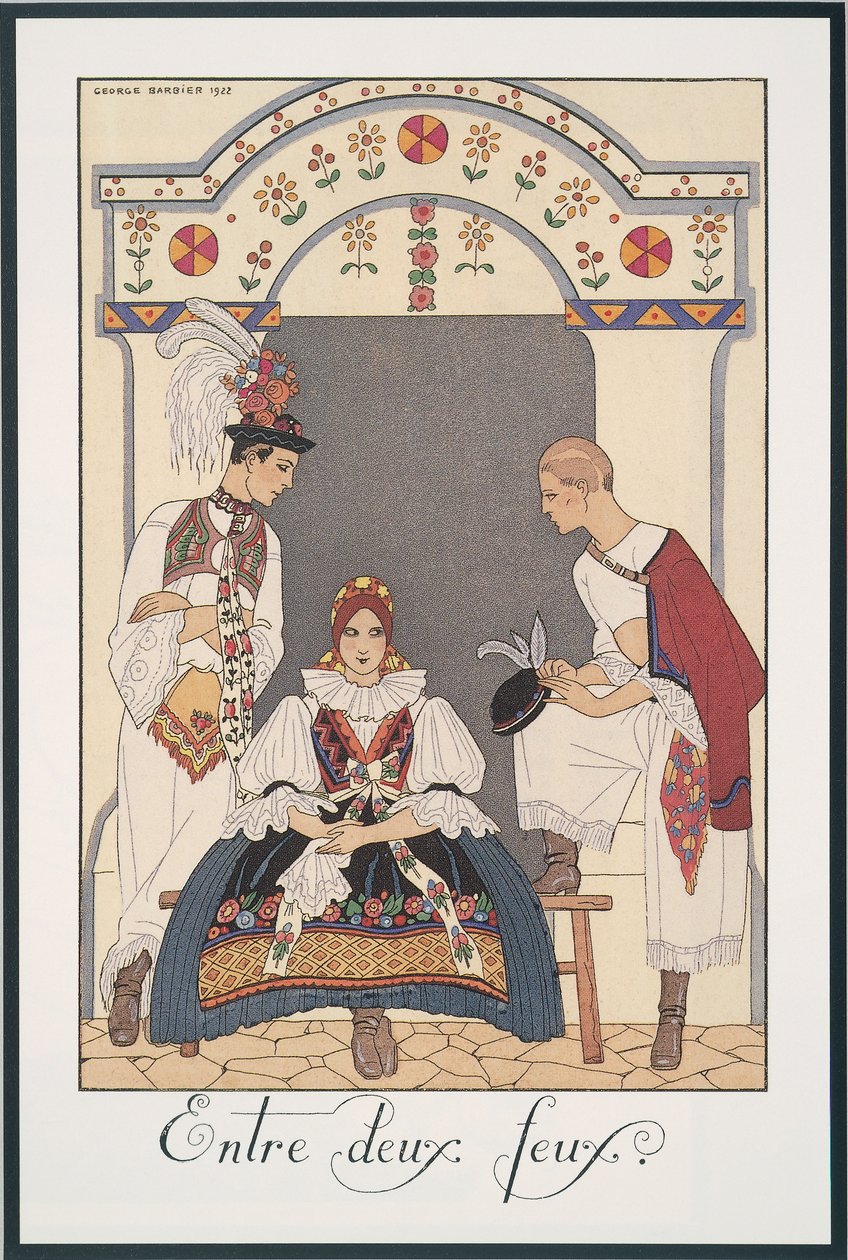 Falbalas and Fanfreluches, Almanac for 1923, Between Two Fires, av George Barbier, trykk av Georges Barbier
