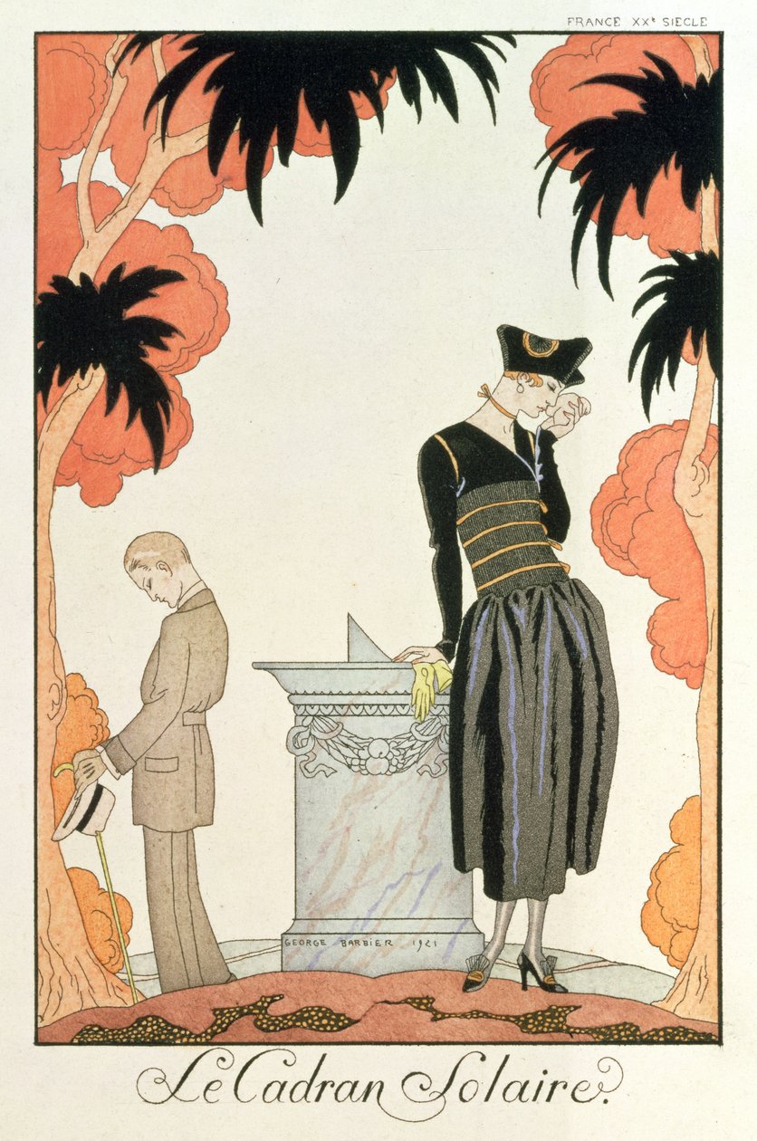 "Falbalas and fanfreluches, Almanach des Modes", moter for 1921 (stensiltrykk) av Georges Barbier