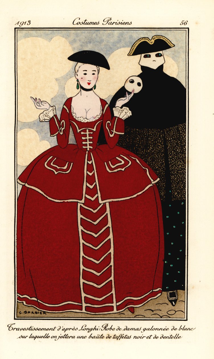 Fancy dress kostymer fra Longhi. Kvinne i damaskkjole trimmet med hvit, kappe av svart taft og blonder. Travesties etter Longhi: damaskkjole trimmet med hvitt som vi vil kaste en baiite av svart taft og blonder på. Håndfarget lomme av Georges Barbier