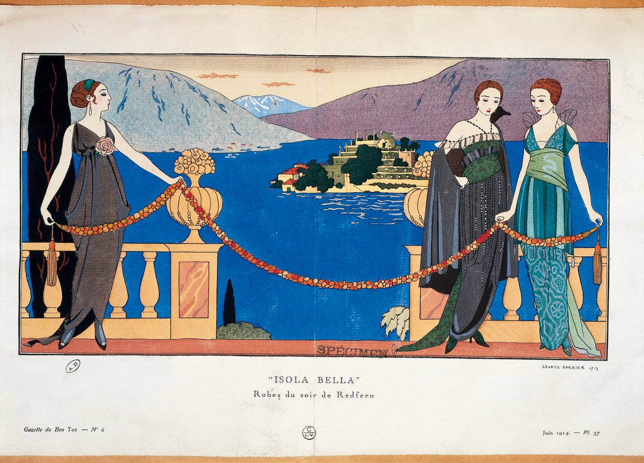 Motetallerken av Georges Barbier som viser damer i Redfern aftenkjole og Borromean Isola Bella i bakgrunnen det parisiske haute couture-tidsskriftet Gazette du Bon Ton av Georges Barbier