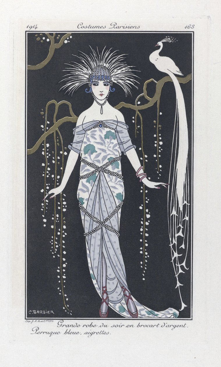 Stor aftenkjole i sølvbrokade. Blå parykk, emblemer, fra Costumes Parisiens, pub.1914 (stensiltrykk) av Georges Barbier