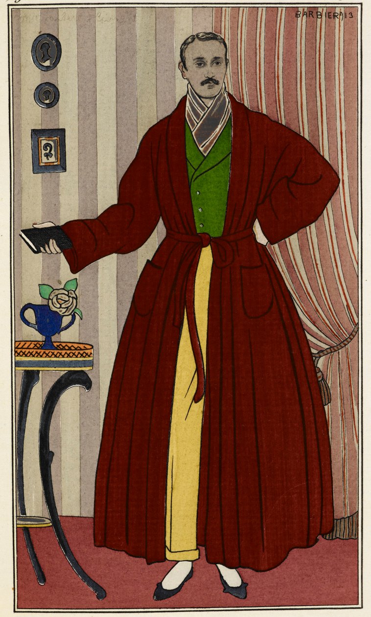 Mann i morgenkåpe. Illustrasjon av George Barbier (1882-1932), hentet fra Journal des dames et des modes. Paris 1912-1914. The British Library Institution, Reference Shelfmark ID: P.P.5242.dc, pl.96, motsatt side 16. Mann i garderobe av Georges Barbier