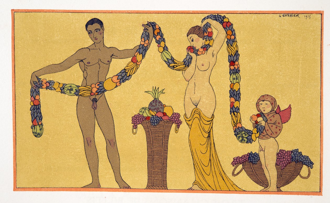 Illustrasjon fra Les Chansons de Bilitis, av Pierre Louys, pub. 1922 (stensiltrykk) av Georges Barbier