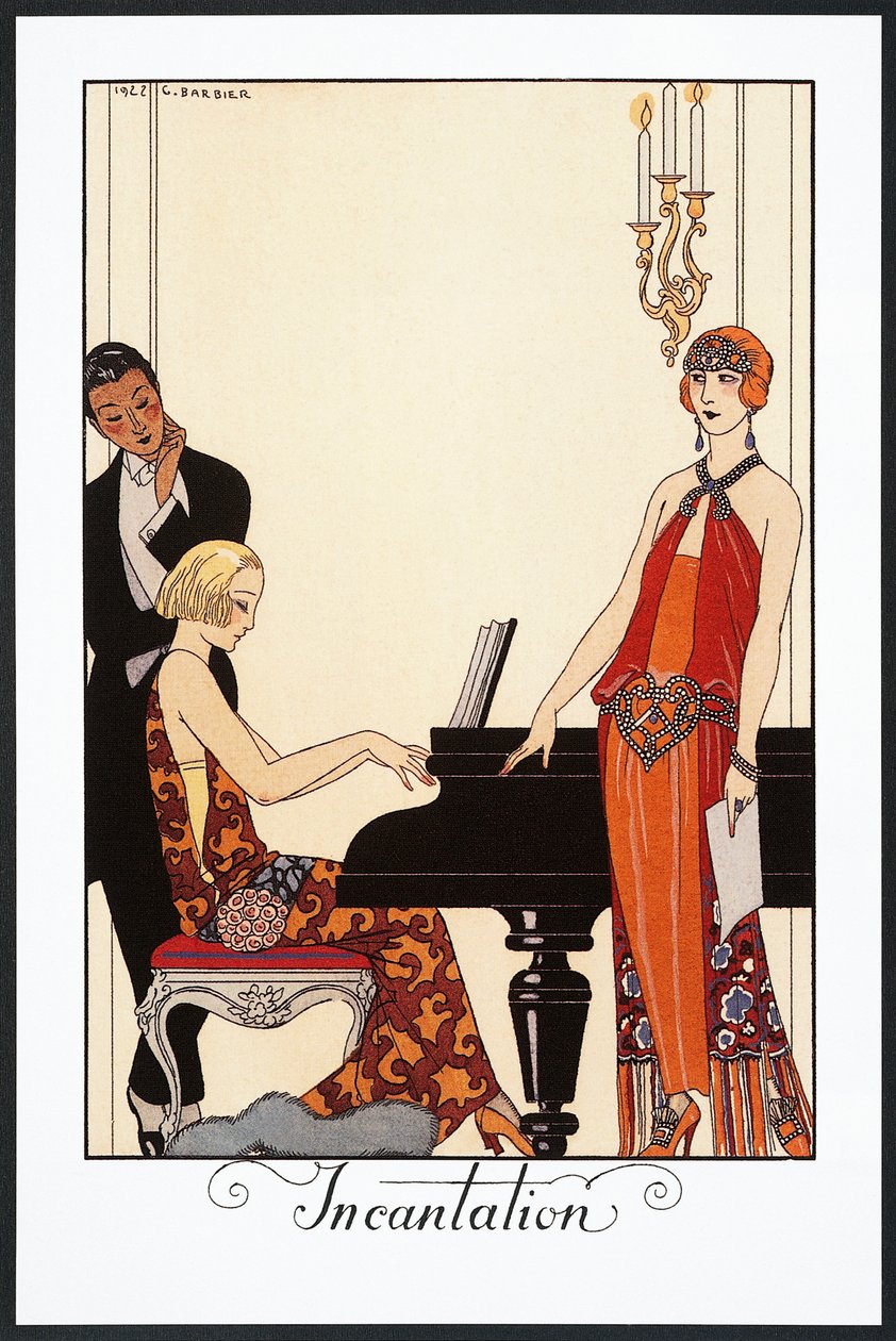 Incantation, pianist og kvinne kledd i aftenkjoler, illustrasjon fra Falbalas et Fanfreluches, Almanac of 1923 av Georges Barbier